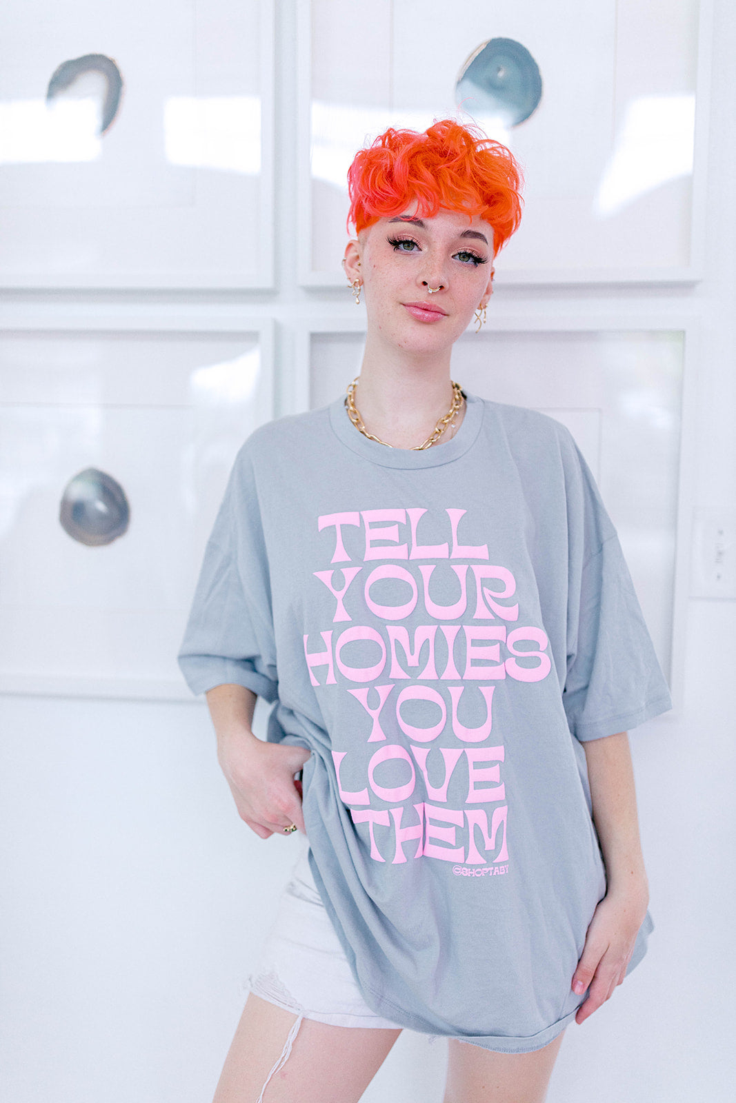 TABY ORIGINAL: Tell Your Homies You Love Them Boxy Tee IN PUFF*** IN STONE GREY***