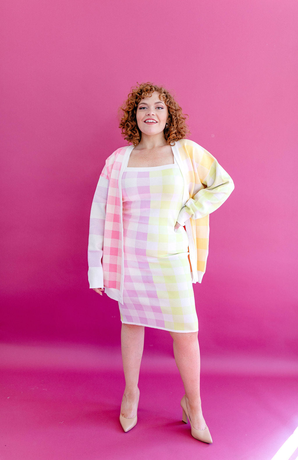 TABY ORIGINAL: Sweet Gingham Dress Cardigan Set IN SIZES XS-5X**
