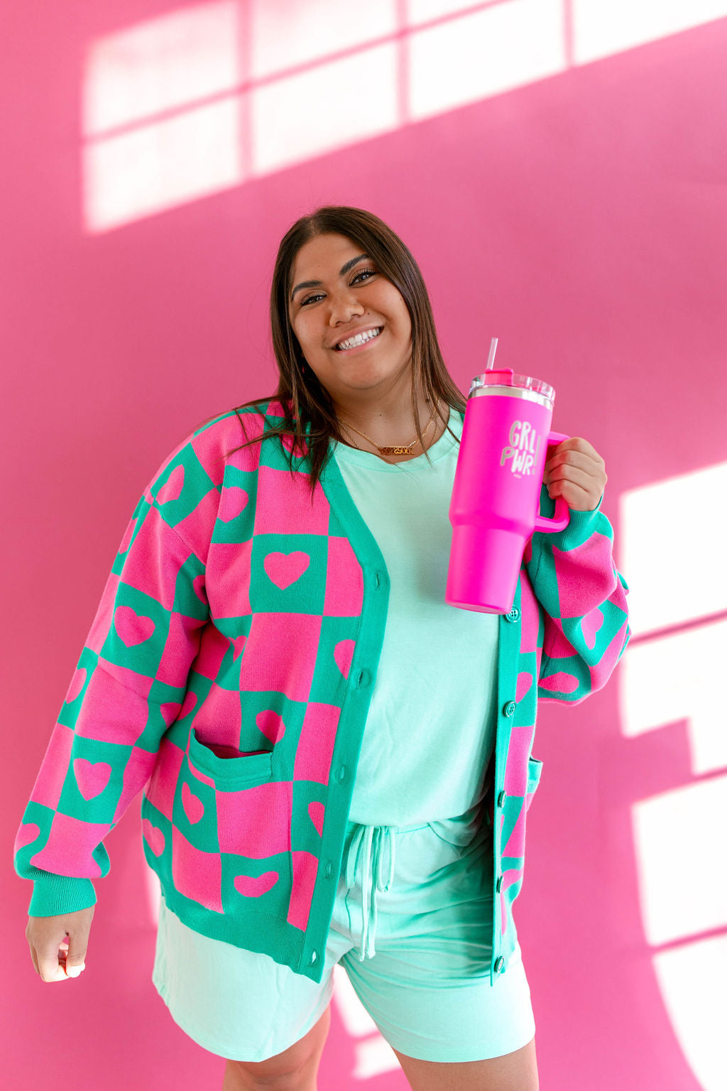 TABY ORIGINAL: Radical Self Love Cardigan In GREEN & PINK*** Sizes XS-5X!***