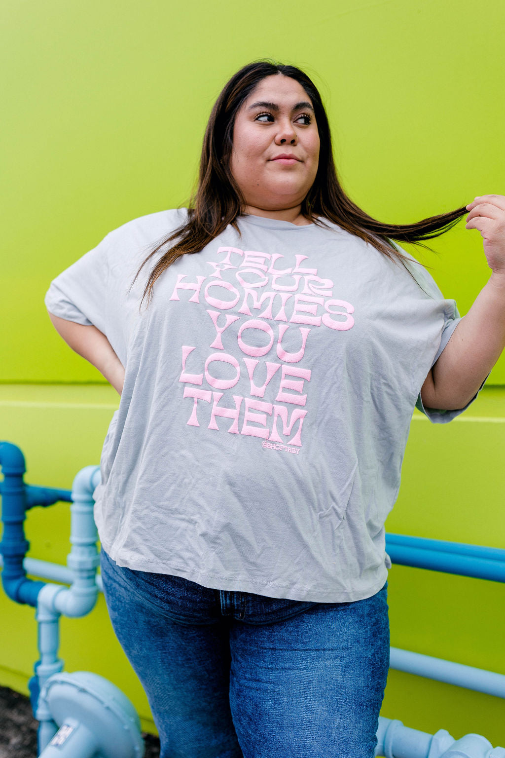 TABY ORIGINAL: Tell Your Homies You Love Them Boxy Tee IN PUFF*** IN STONE GREY***