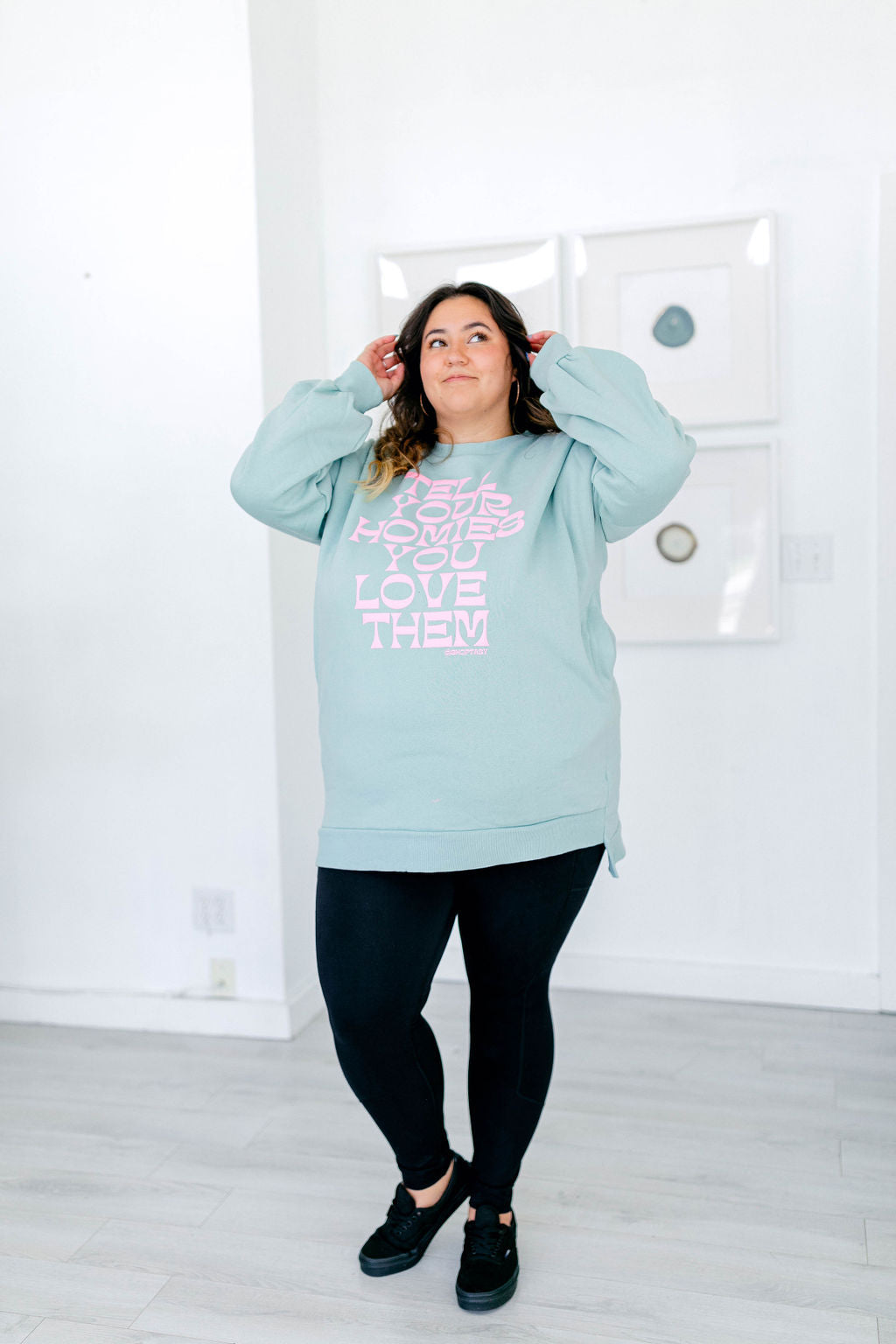 TABY ORIGINAL: Tell Your Homies You Love Them Longline Crewneck PUFF** IN DUSTY MINT***