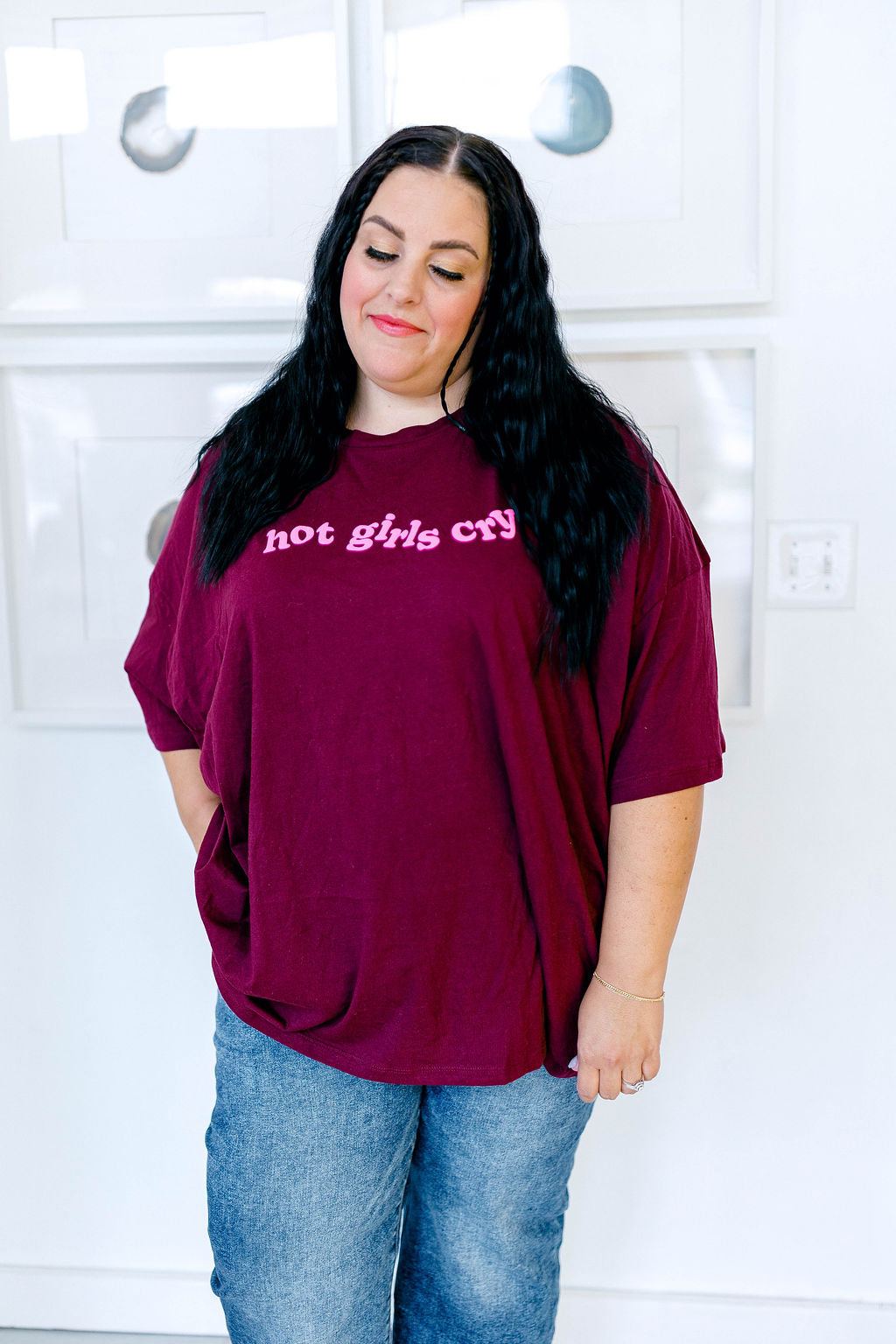 TABY ORIGINAL: Hot Girls Cry Boxy Tee In BURGUNDY***