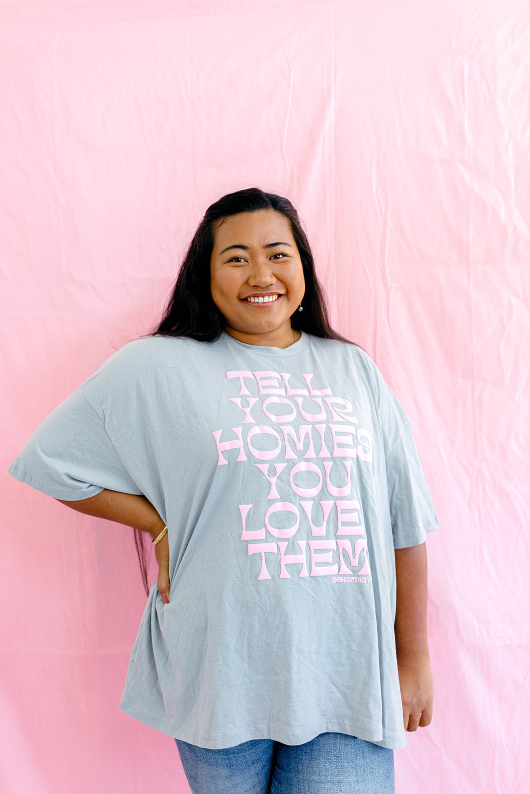 TABY ORIGINAL: Tell Your Homies You Love Them Boxy Tee IN PUFF*** IN STONE GREY***