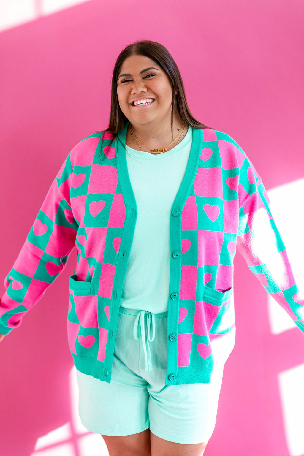 TABY ORIGINAL: Radical Self Love Cardigan In GREEN & PINK*** Sizes XS-5X!***