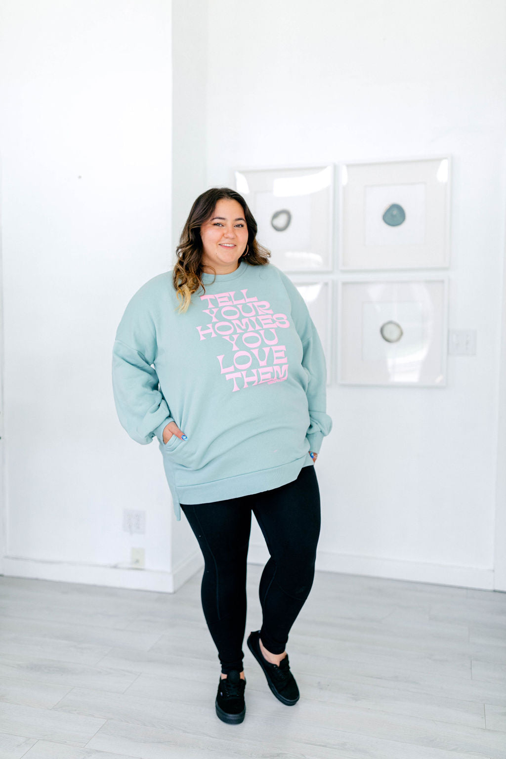 TABY ORIGINAL: Tell Your Homies You Love Them Longline Crewneck PUFF** IN DUSTY MINT***