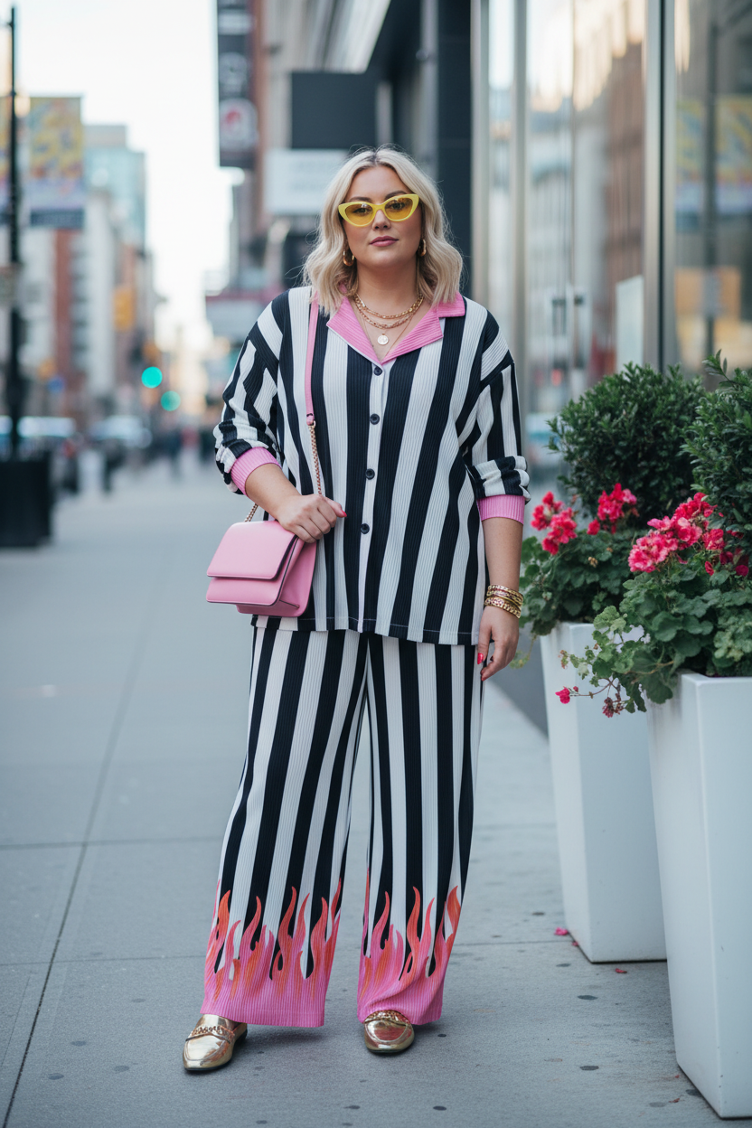 TABY ORIGINAL: Pretty In Flames Long Sleeve Plisse Pant Set in Sizes XS-5X***