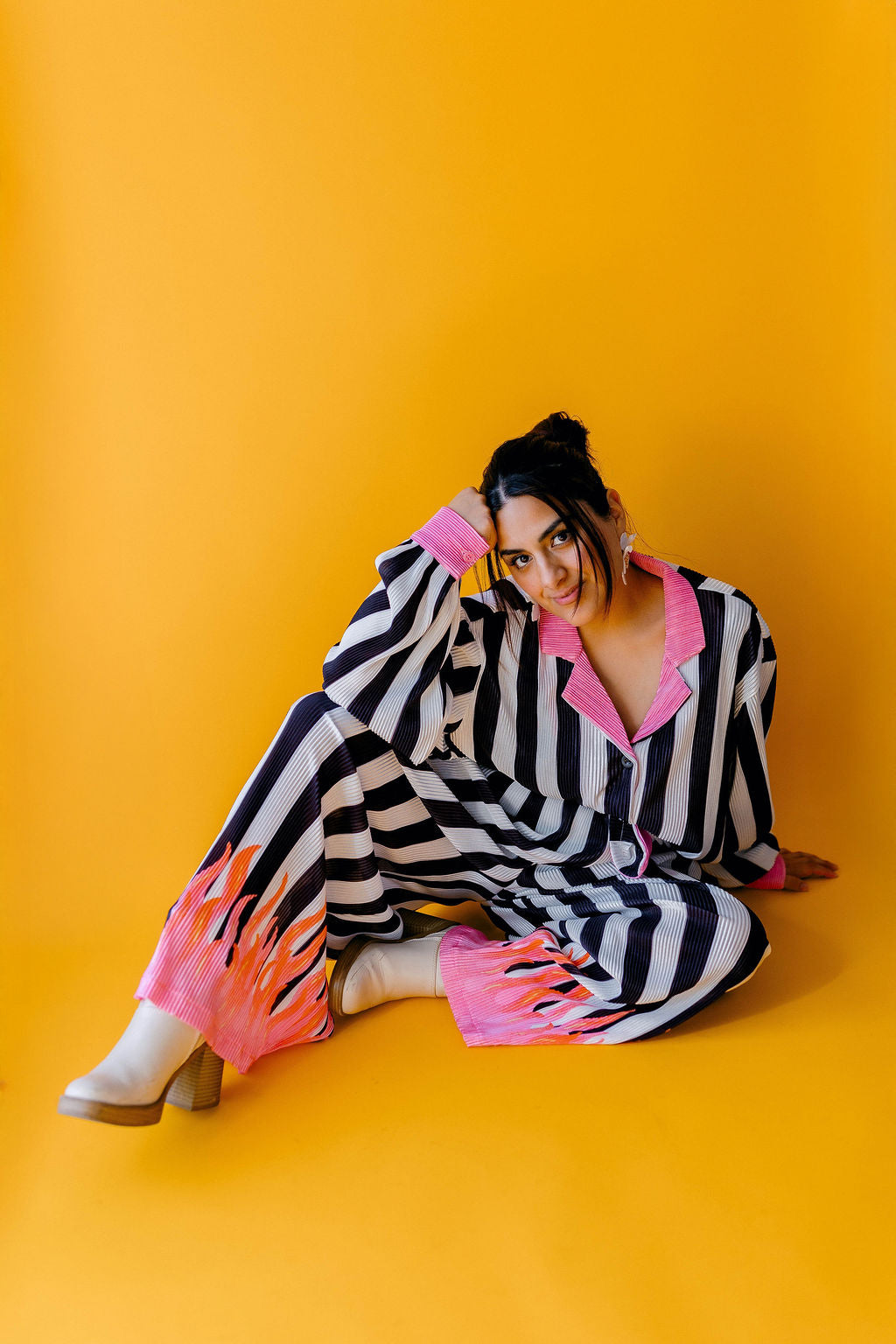 TABY ORIGINAL: Pretty In Flames Long Sleeve Plisse Pant Set in Sizes XS-5X***