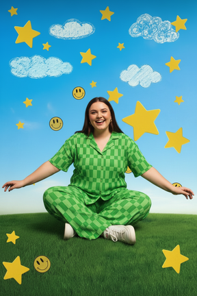 TABY ORIGINAL: Green Grid Plisse Pant Set in Sizes XS-5X***