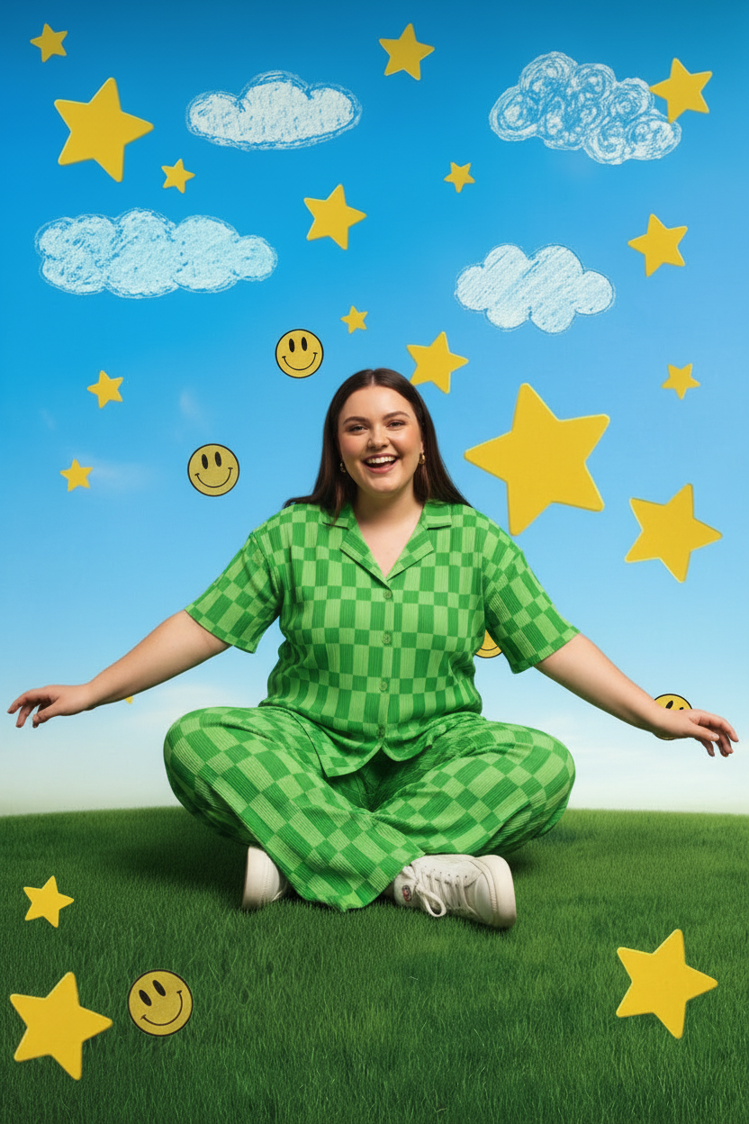 TABY ORIGINAL: Green Grid Plisse Pant Set in Sizes XS-5X***