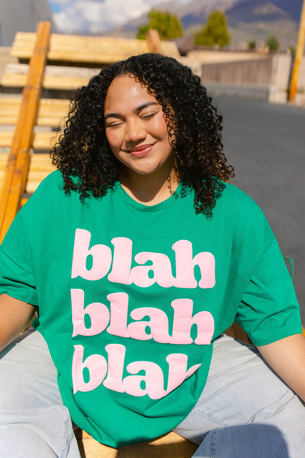 TABY ORIGINAL: BLAH BLAH Blah Boxy Tee In WATERMELON** 2 sided flippable neckline***