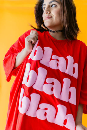TABY ORIGINAL: BLAH BLAH Blah Boxy Tee In Sizes XS-5X!** 2 sided flippable neckline***