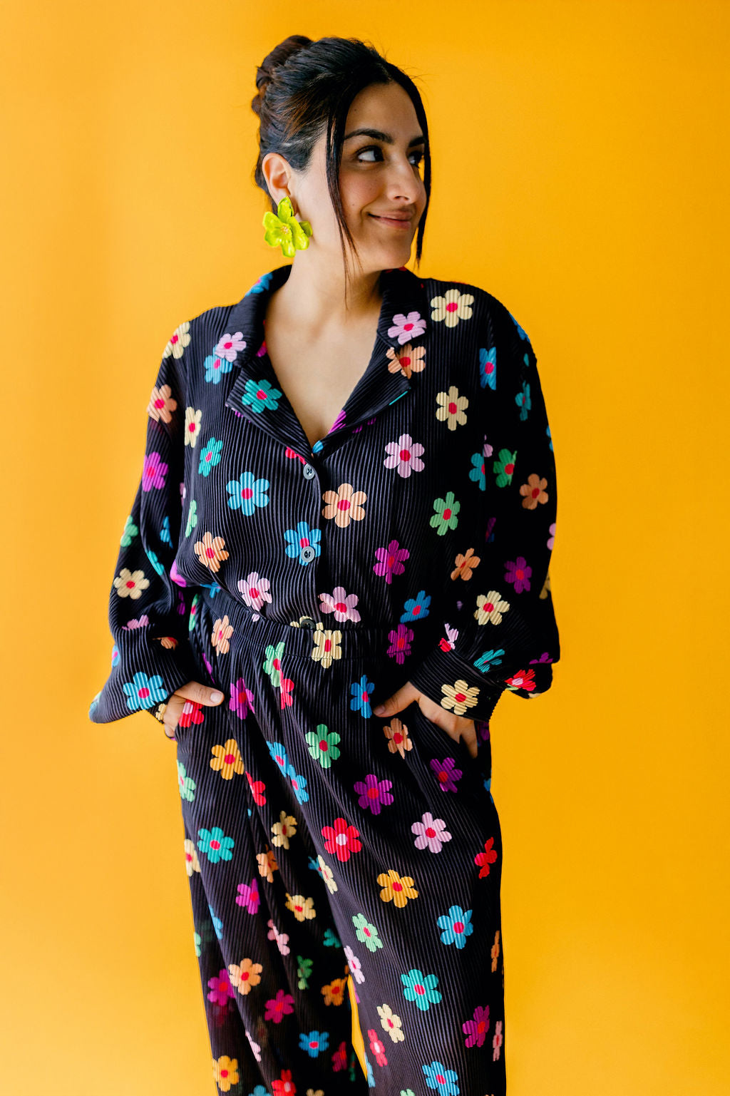 TABY ORIGINAL: Long Sleeve I Feel Bonita Plisse Pant Set In BLACK & in Sizes XS-5X***