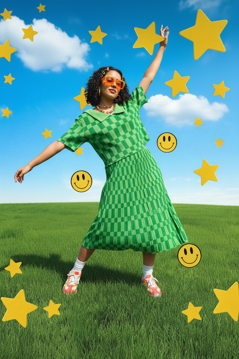 TABY ORIGINAL: Green Grid Plisse Skirt Set In Sizes XS-5X***