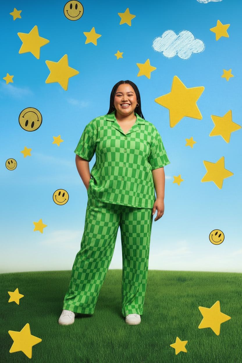 TABY ORIGINAL: Green Grid Plisse Pant Set in Sizes XS-5X***