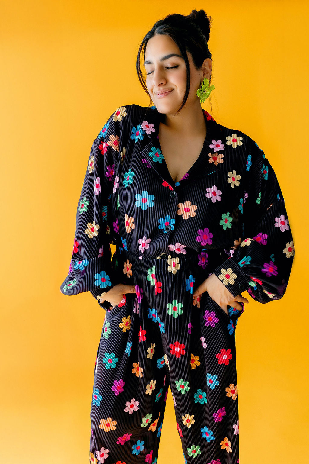 TABY ORIGINAL: Long Sleeve I Feel Bonita Plisse Pant Set In BLACK & in Sizes XS-5X***