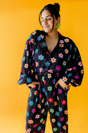 TABY ORIGINAL: Long Sleeve I Feel Bonita Plisse Pant Set In BLACK & in Sizes XS-5X***