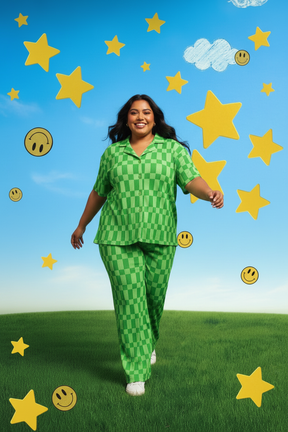 TABY ORIGINAL: Green Grid Plisse Pant Set in Sizes XS-5X***