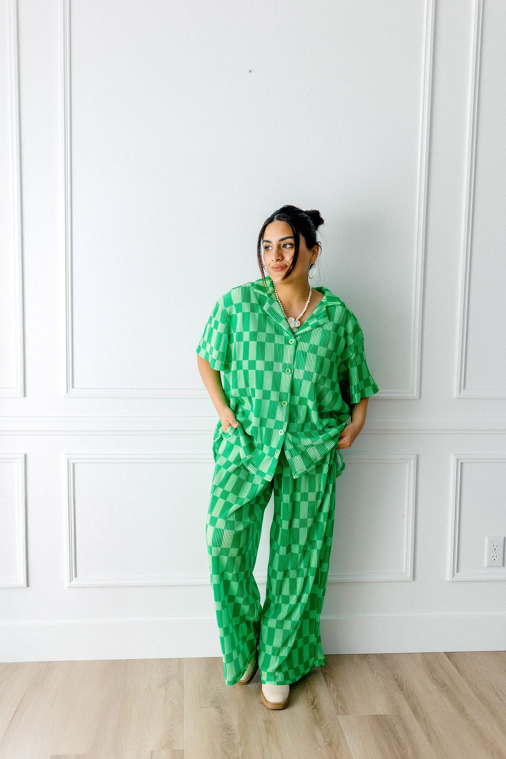 TABY ORIGINAL: Green Grid Plisse Pant Set in Sizes XS-5X***