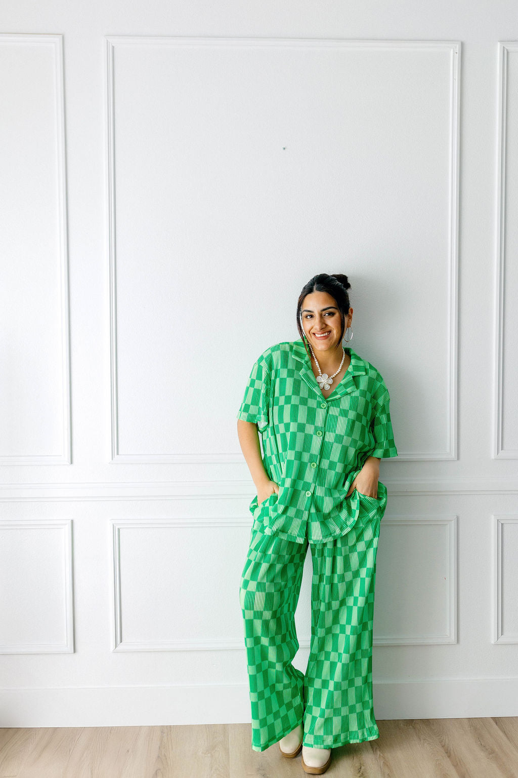 TABY ORIGINAL: Green Grid Plisse Pant Set in Sizes XS-5X***