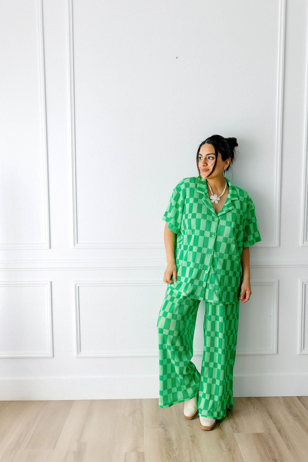TABY ORIGINAL: Green Grid Plisse Pant Set in Sizes XS-5X***