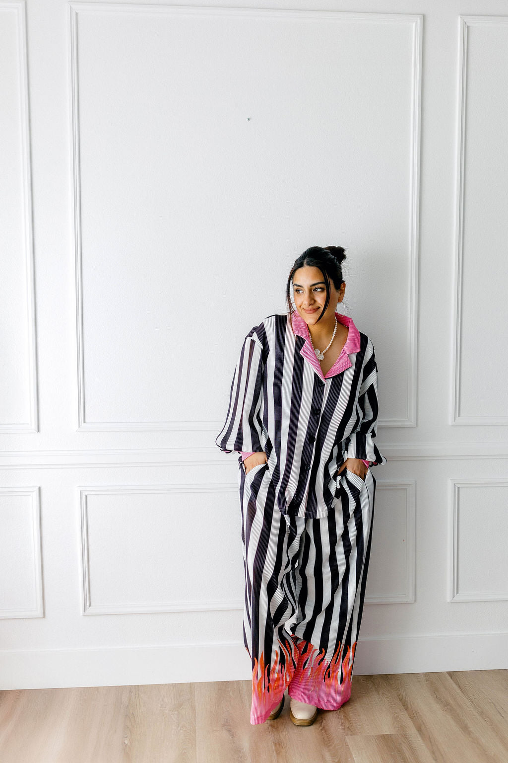 TABY ORIGINAL: Pretty In Flames Long Sleeve Plisse Pant Set in Sizes XS-5X***