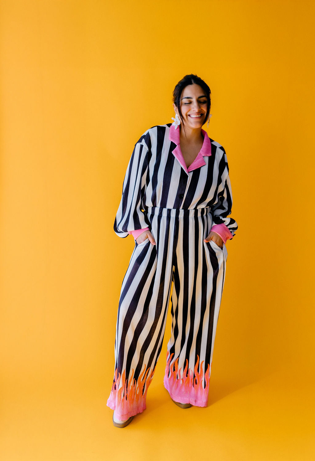 TABY ORIGINAL: Pretty In Flames Long Sleeve Plisse Pant Set in Sizes XS-5X***