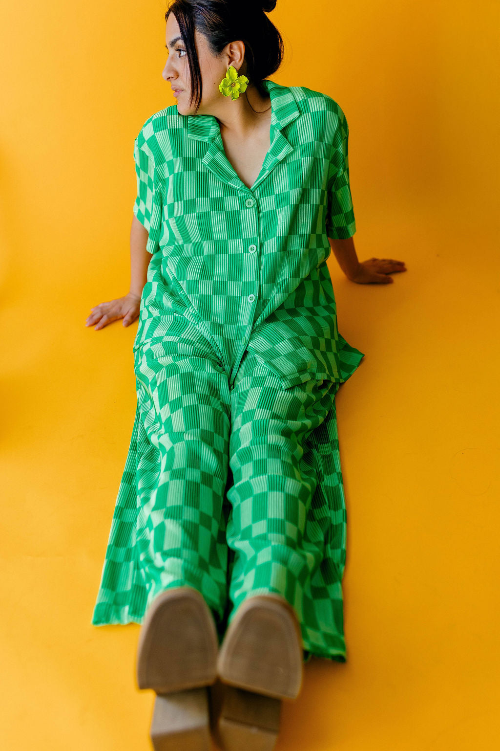 TABY ORIGINAL: Green Grid Plisse Pant Set in Sizes XS-5X***