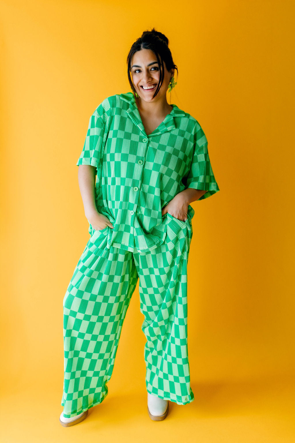 TABY ORIGINAL: Green Grid Plisse Pant Set in Sizes XS-5X***