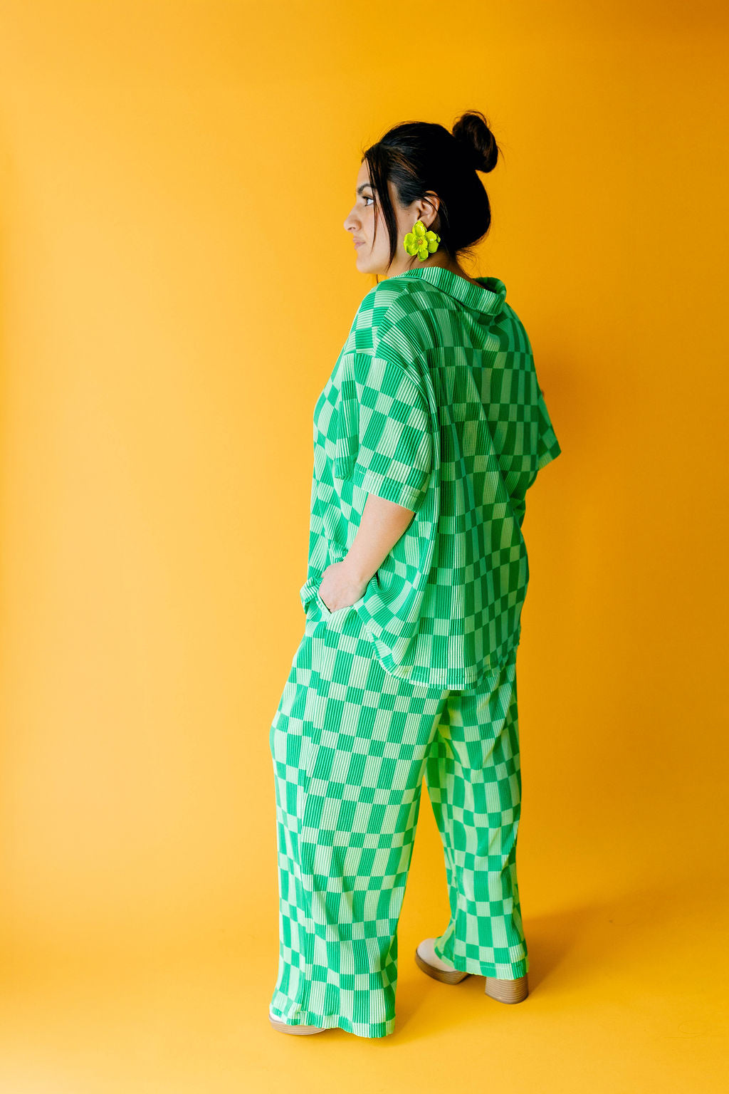 TABY ORIGINAL: Green Grid Plisse Pant Set in Sizes XS-5X***