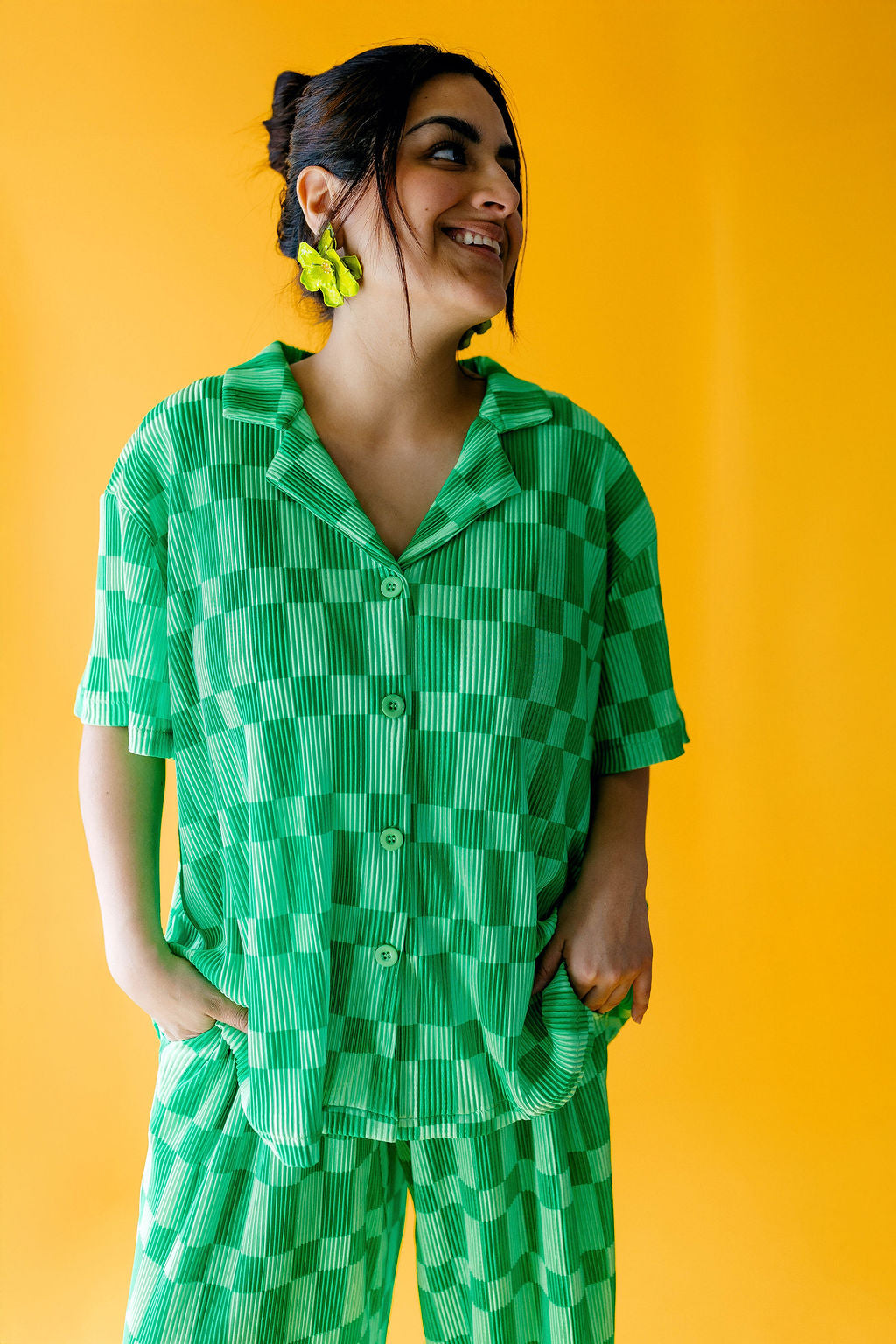 TABY ORIGINAL: Green Grid Plisse Pant Set in Sizes XS-5X***