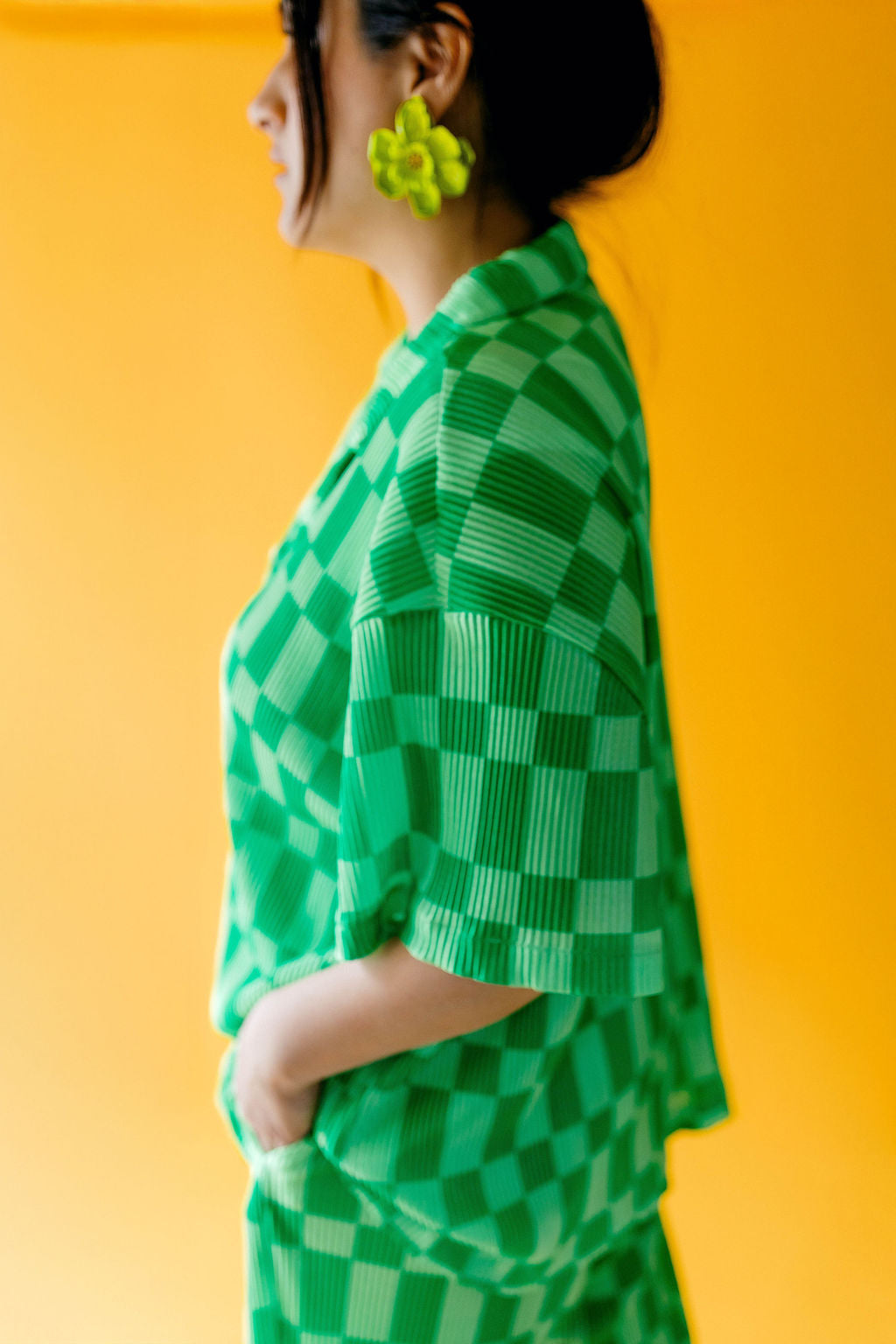 TABY ORIGINAL: Green Grid Plisse Pant Set in Sizes XS-5X***