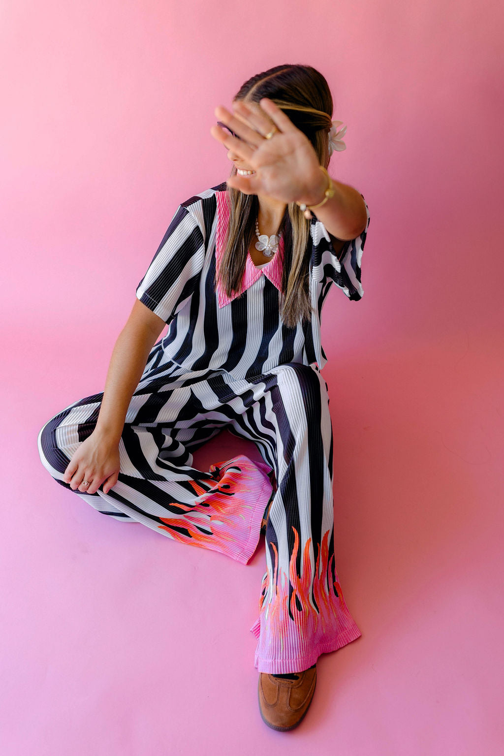 TABY ORIGINAL: Pretty In Flames Long Sleeve Plisse Pant Set in Sizes XS-5X***