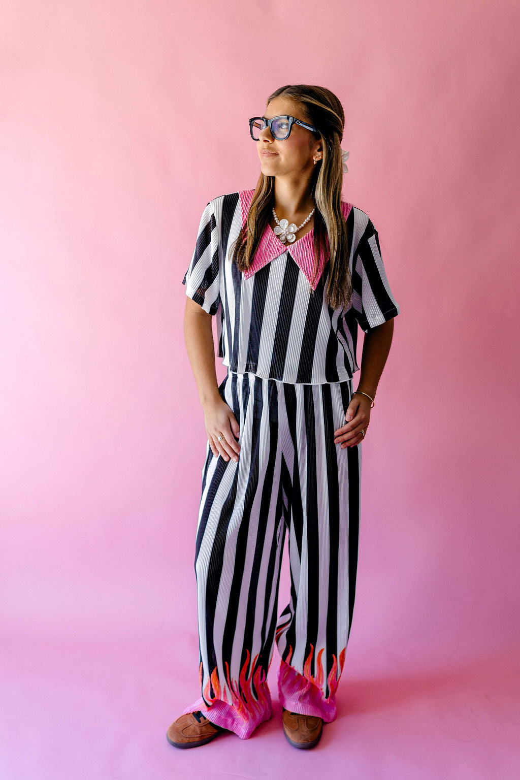 TABY ORIGINAL: Pretty In Flames Long Sleeve Plisse Pant Set in Sizes XS-5X***