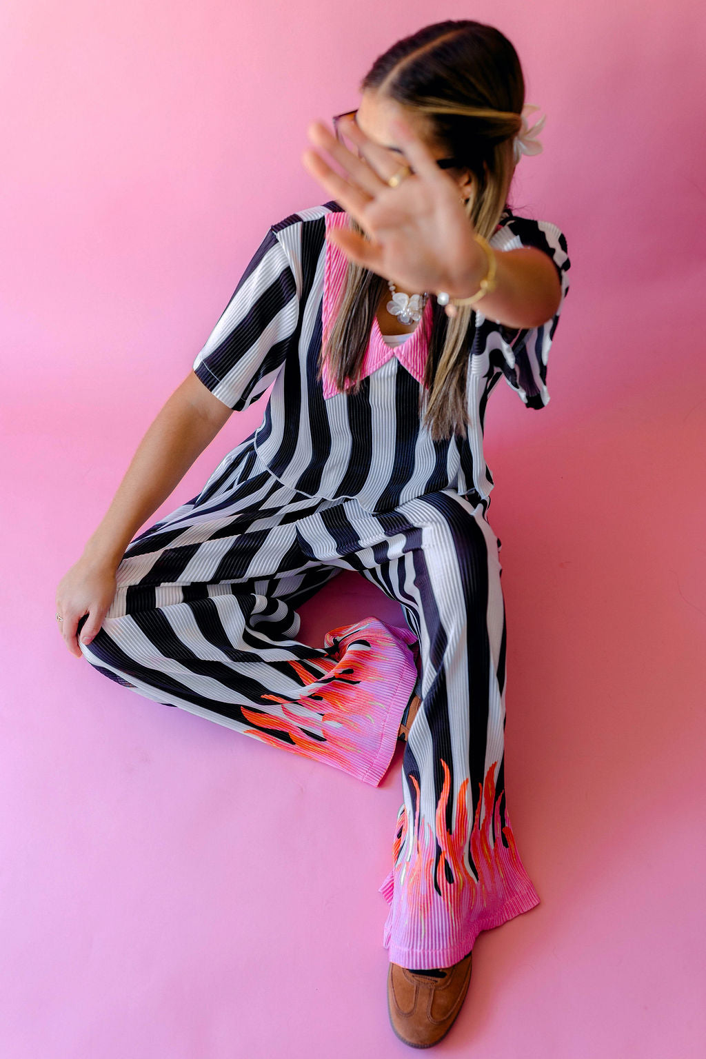TABY ORIGINAL: Pretty In Flames Long Sleeve Plisse Pant Set in Sizes XS-5X***