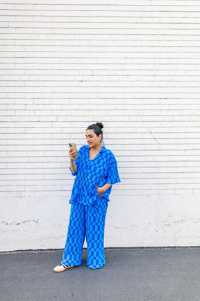 TABY ORIGINAL: Blue Grid Plisse Pant Set in Sizes XS-5X***