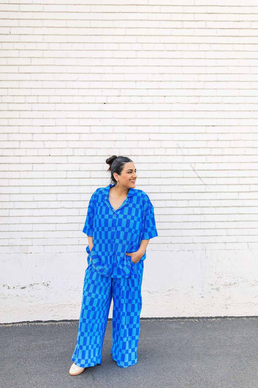 TABY ORIGINAL: Blue Grid Plisse Pant Set in Sizes XS-5X***