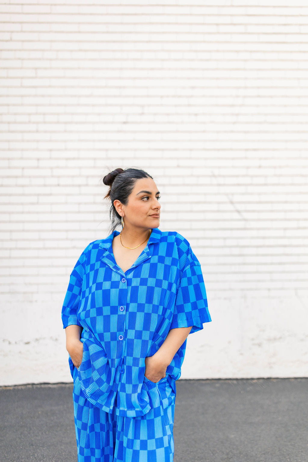 TABY ORIGINAL: Blue Grid Plisse Pant Set in Sizes XS-5X***