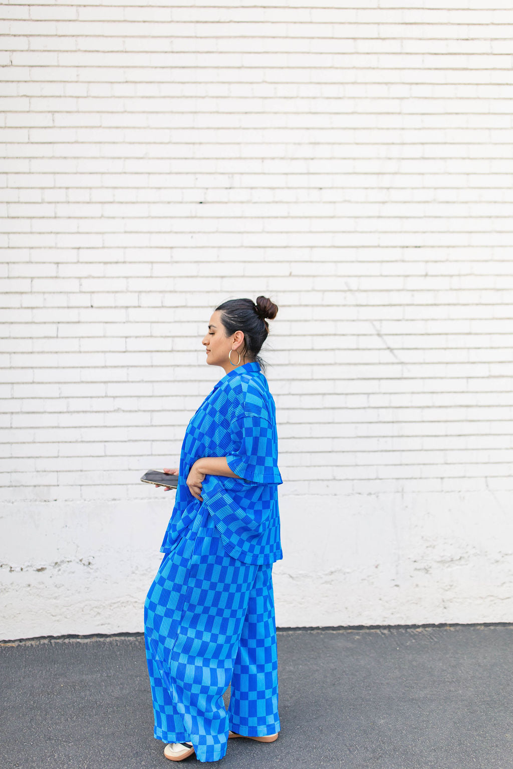 TABY ORIGINAL: Blue Grid Plisse Pant Set in Sizes XS-5X***