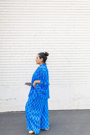 TABY ORIGINAL: Blue Grid Plisse Pant Set in Sizes XS-5X***