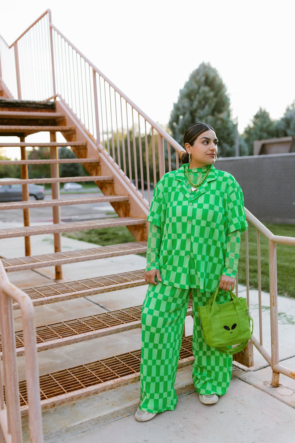 TABY ORIGINAL: Green Grid Plisse Pant Set in Sizes XS-5X***