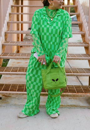 TABY ORIGINAL: Green Grid Plisse Pant Set in Sizes XS-5X***
