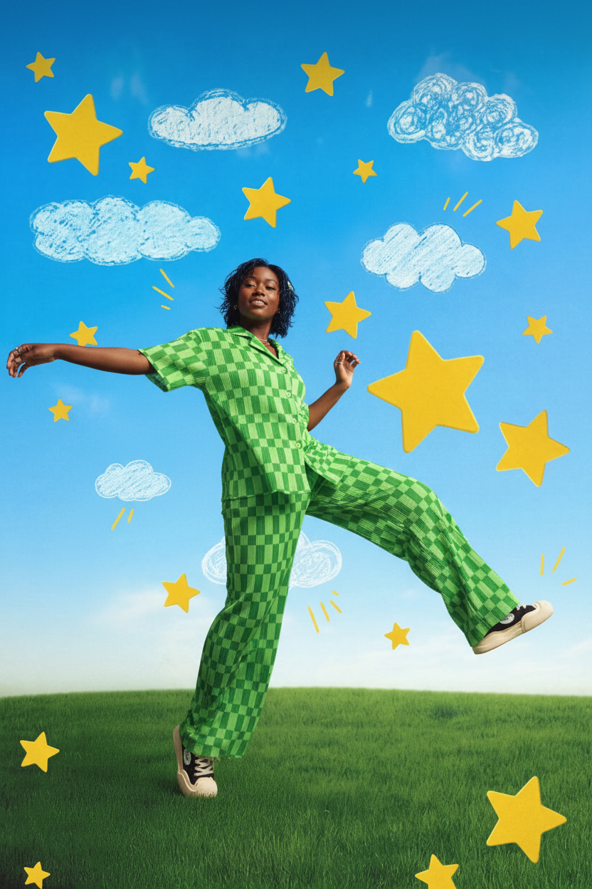 Black woman in green checkered pant set with stars and graphics