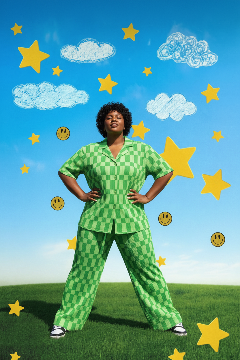 Plus-size Black woman power pose in green checkered pant set